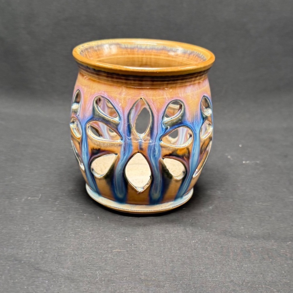 Studio Pottery Signed Drip Glaze Cutout Stoneware Candle Holder Lantern - Picture 4 of 7